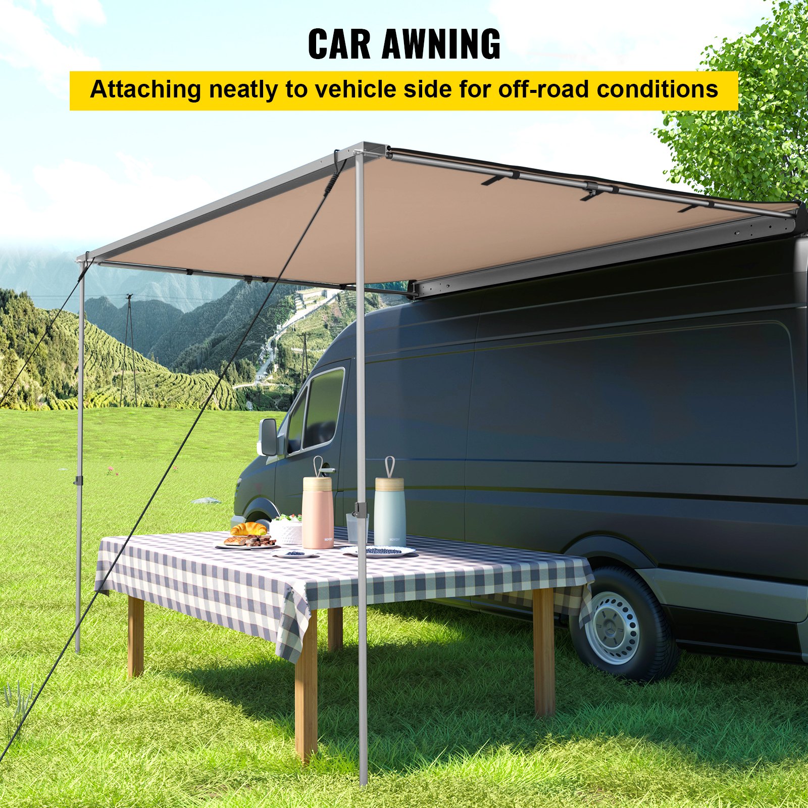 Toldo lateral para automóvil VEVOR, 8.2'x6.5', toldo retráctil extraíble para vehículo, resistente al agua UV50+, postes telescópicos, parasol para remolque, tienda de campaña en la azotea con bolsa de transporte para Jeep/SUV/camión/furgoneta, viajes de camping al aire libre, caqui