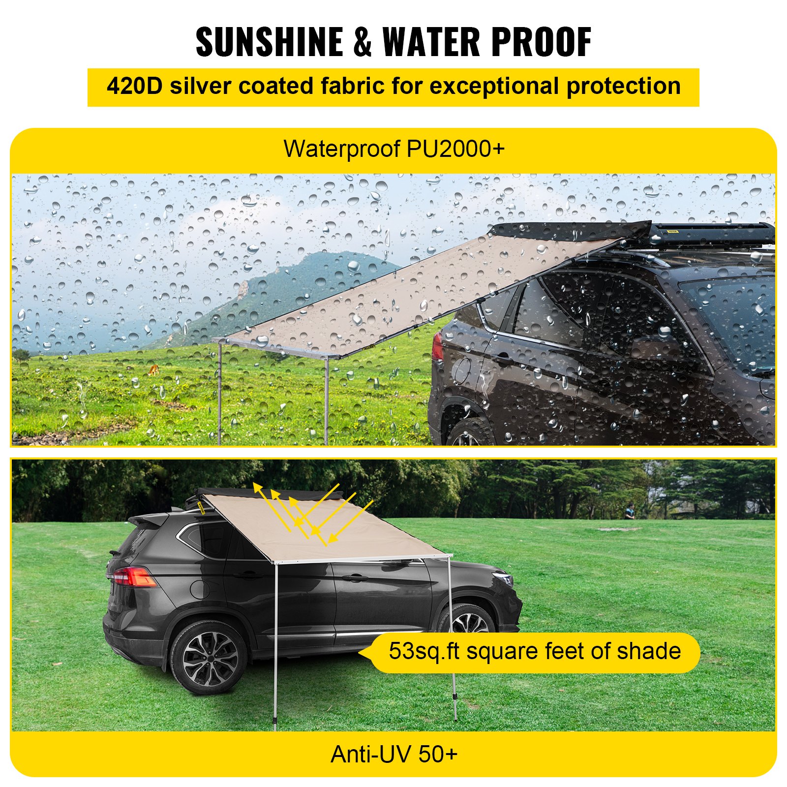 Toldo lateral para automóvil VEVOR, 8.2'x6.5', toldo retráctil extraíble para vehículo, resistente al agua UV50+, postes telescópicos, parasol para remolque, tienda de campaña en la azotea con bolsa de transporte para Jeep/SUV/camión/furgoneta, viajes de camping al aire libre, caqui