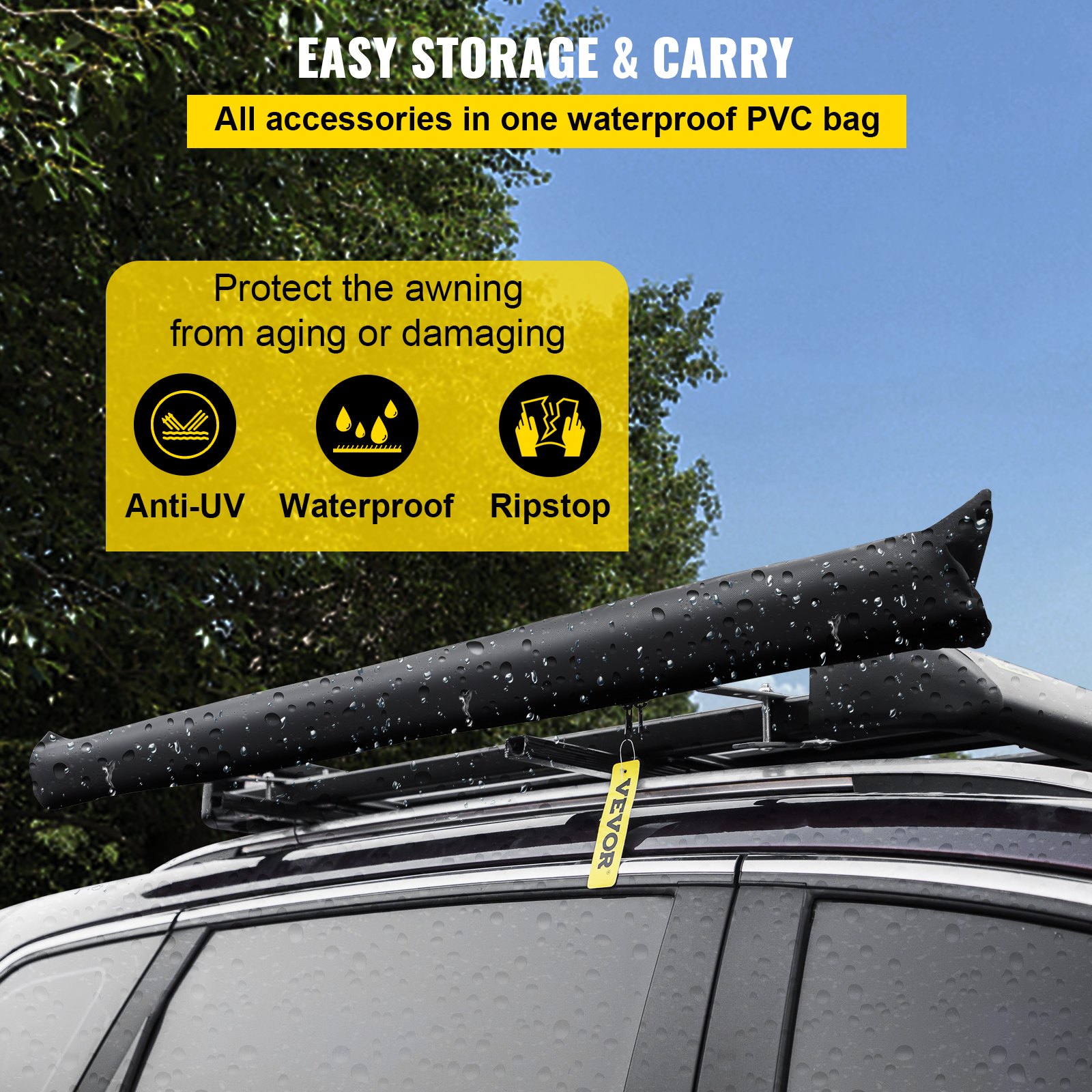 Toldo lateral para automóvil VEVOR, 8.2'x6.5', toldo retráctil extraíble para vehículo, resistente al agua UV50+, postes telescópicos, parasol para remolque, tienda de campaña en la azotea con bolsa de transporte para Jeep/SUV/camión/furgoneta, viajes de camping al aire libre, caqui