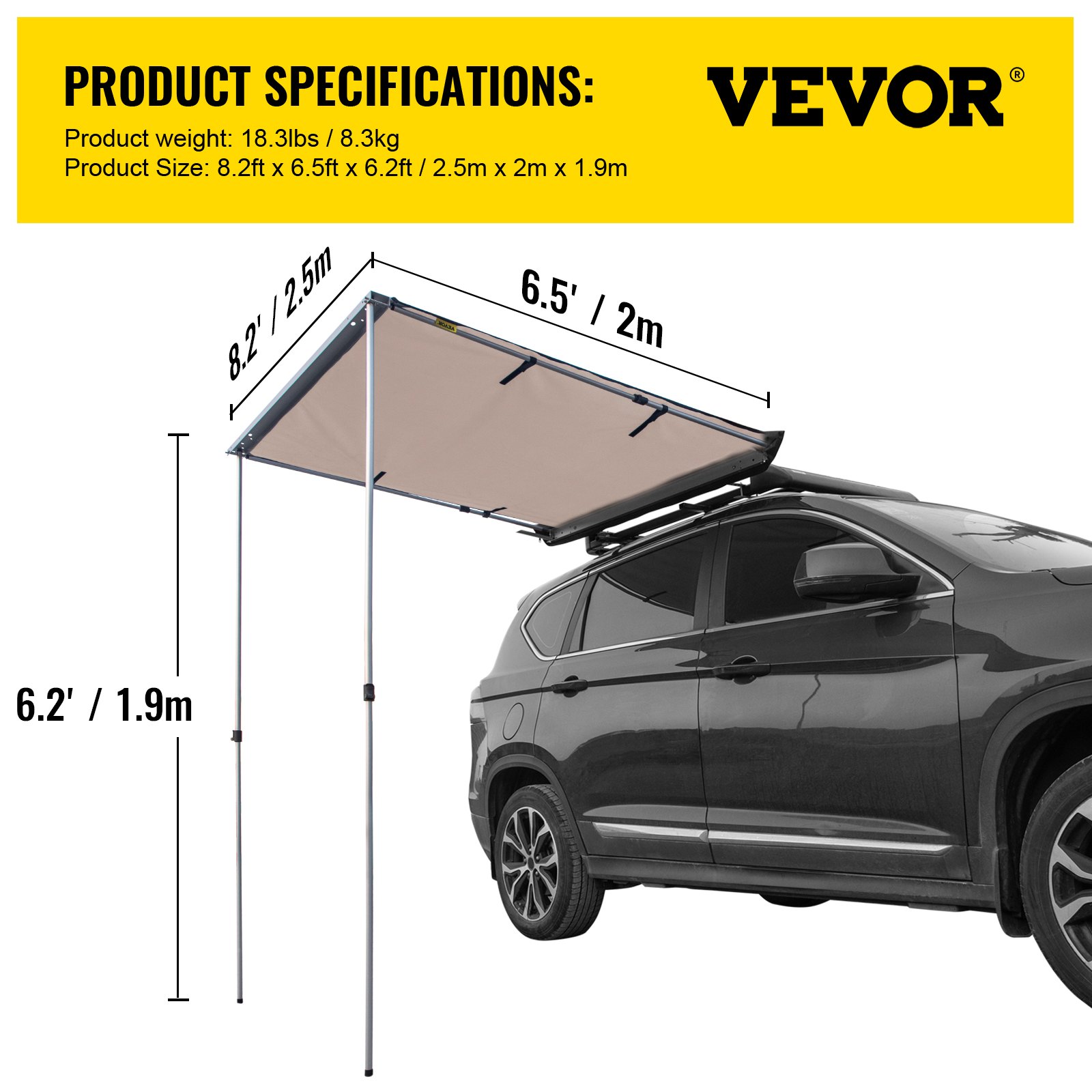 Toldo lateral para automóvil VEVOR, 8.2'x6.5', toldo retráctil extraíble para vehículo, resistente al agua UV50+, postes telescópicos, parasol para remolque, tienda de campaña en la azotea con bolsa de transporte para Jeep/SUV/camión/furgoneta, viajes de camping al aire libre, caqui