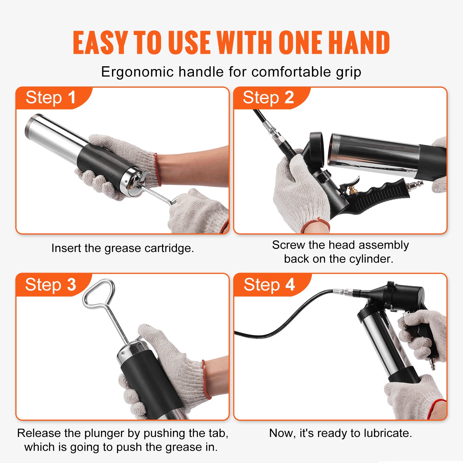 Pistola de engrase operada por aire VEVOR, 6000PSI, 14 OZ/400 CC Capacidad Pistola de engrase neumática de servicio pesado, con manguera flexible de 18.5 pulgadas, 1 acoplador plano negro Acoplador puntiagudo Acoplador de abrazadera de bloqueo de tubería de metal doblado