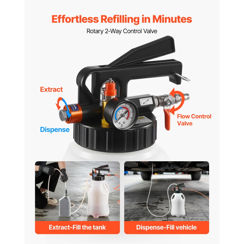 VEVOR Bomba de Transferencia para Líquido de Transmisión Neumática Capacidad de 8 L, Bomba Extractora para Aceite, con Adaptadores de ATF, Tanque HDPE, Dispensador de Aceite para Coches Barcos Motos