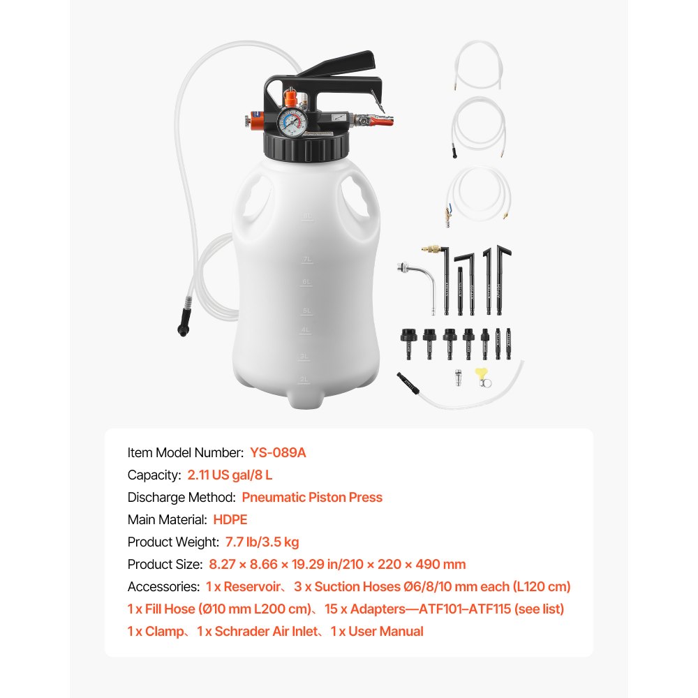 VEVOR Bomba de Transferencia para Líquido de Transmisión Neumática Capacidad de 8 L, Bomba Extractora para Aceite, con Adaptadores de ATF, Tanque HDPE, Dispensador de Aceite para Coches Barcos Motos