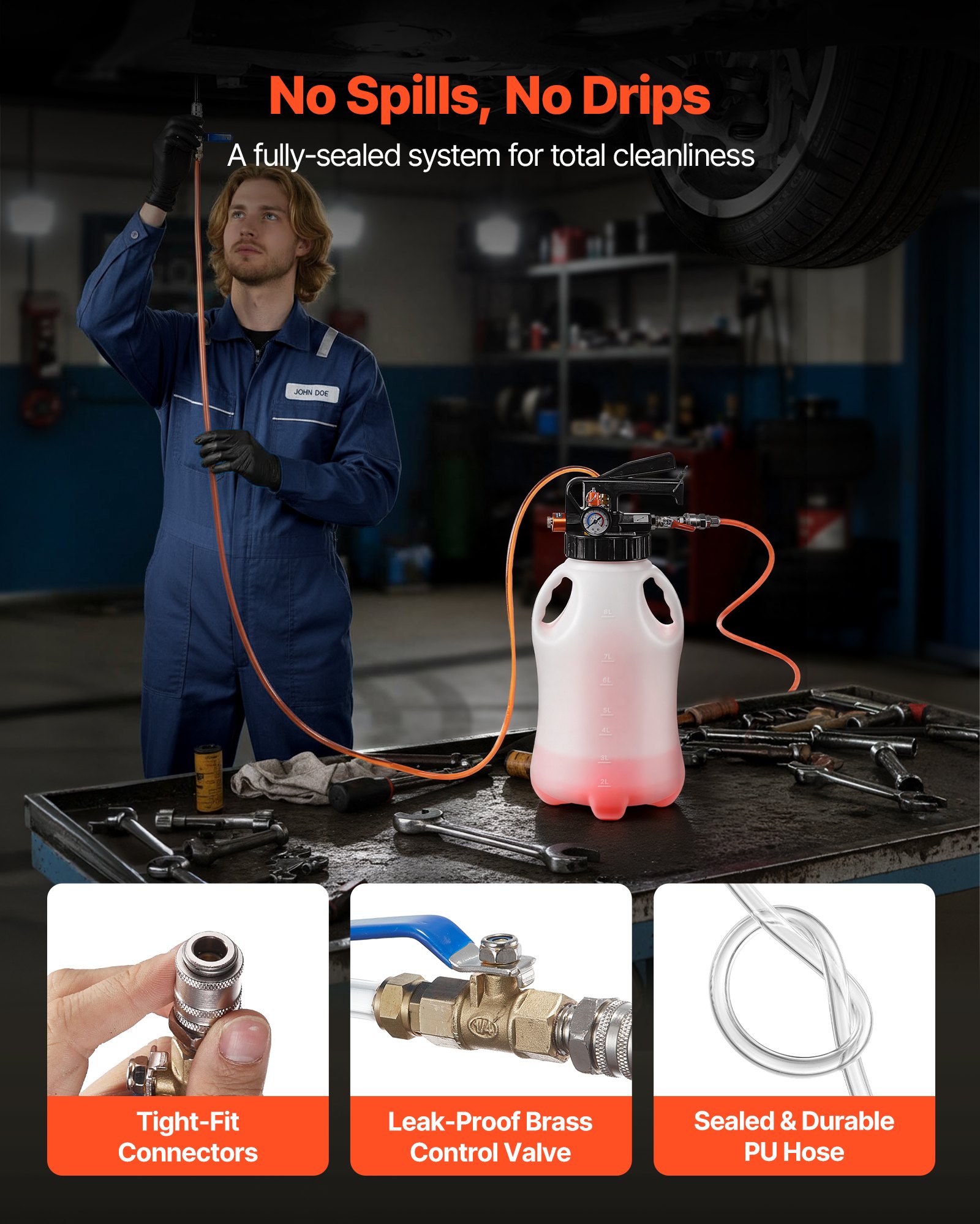 VEVOR Bomba de Transferencia para Líquido de Transmisión Neumática Capacidad de 8 L, Bomba Extractora para Aceite, con Adaptadores de ATF, Tanque HDPE, Dispensador de Aceite para Coches Barcos Motos