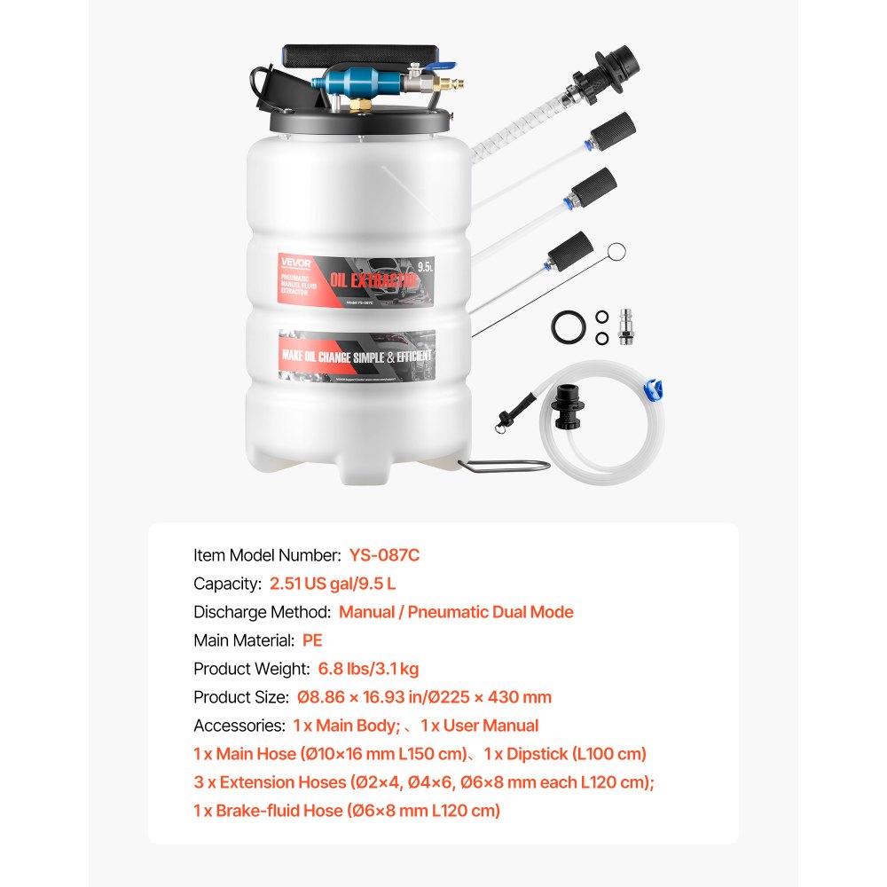 VEVOR Bomba de Líquido de Transmisión Manual y Neumática Capacidad de 9,5 L, Bomba Extractora de Aceite, con Manguera 150 cm Tubos de Extensión Tanque PE, Cambio de Aceite para Coches Barcos Motos