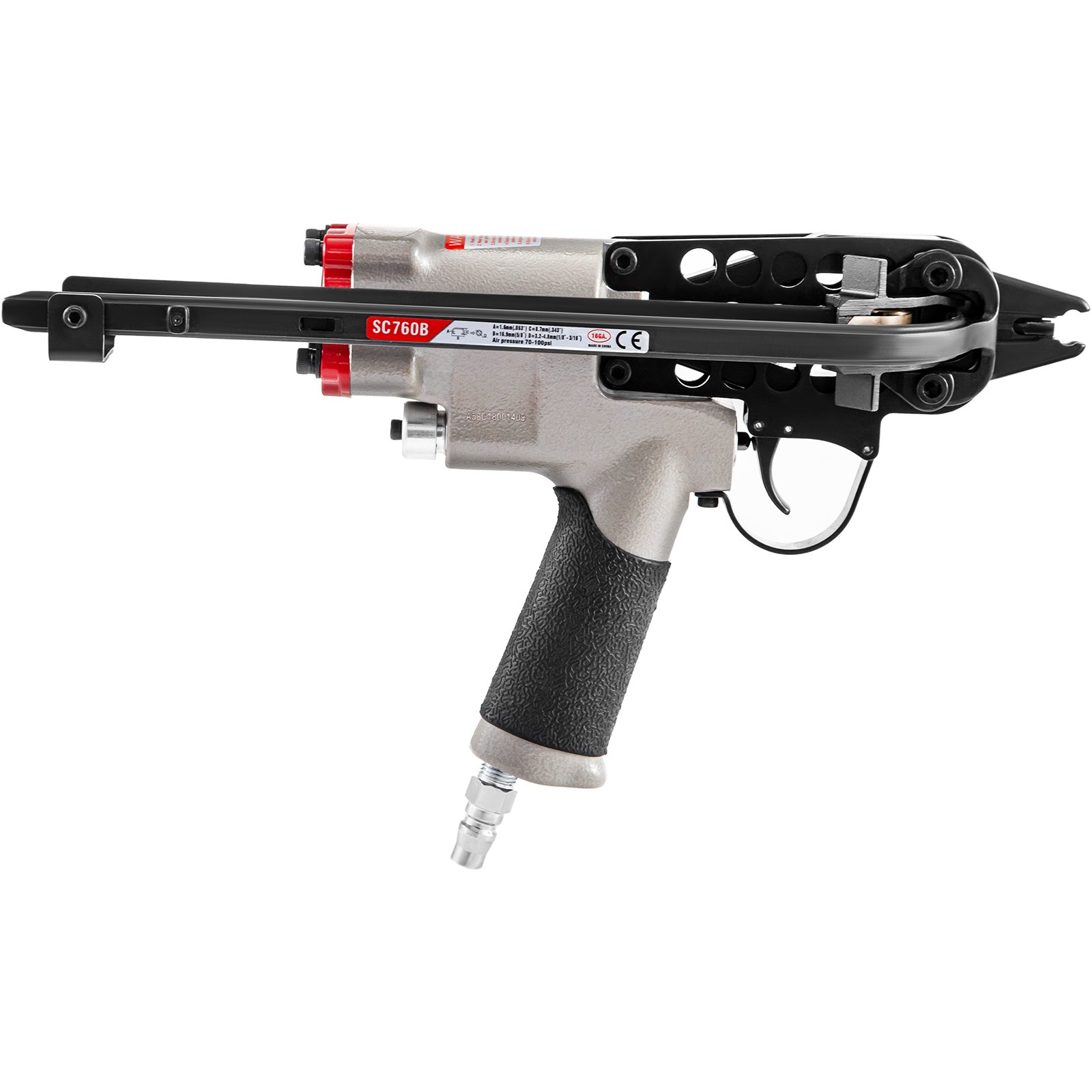 Grapadora de anillas VEVOR sc760b con agarre ergonómico y conector de aire.