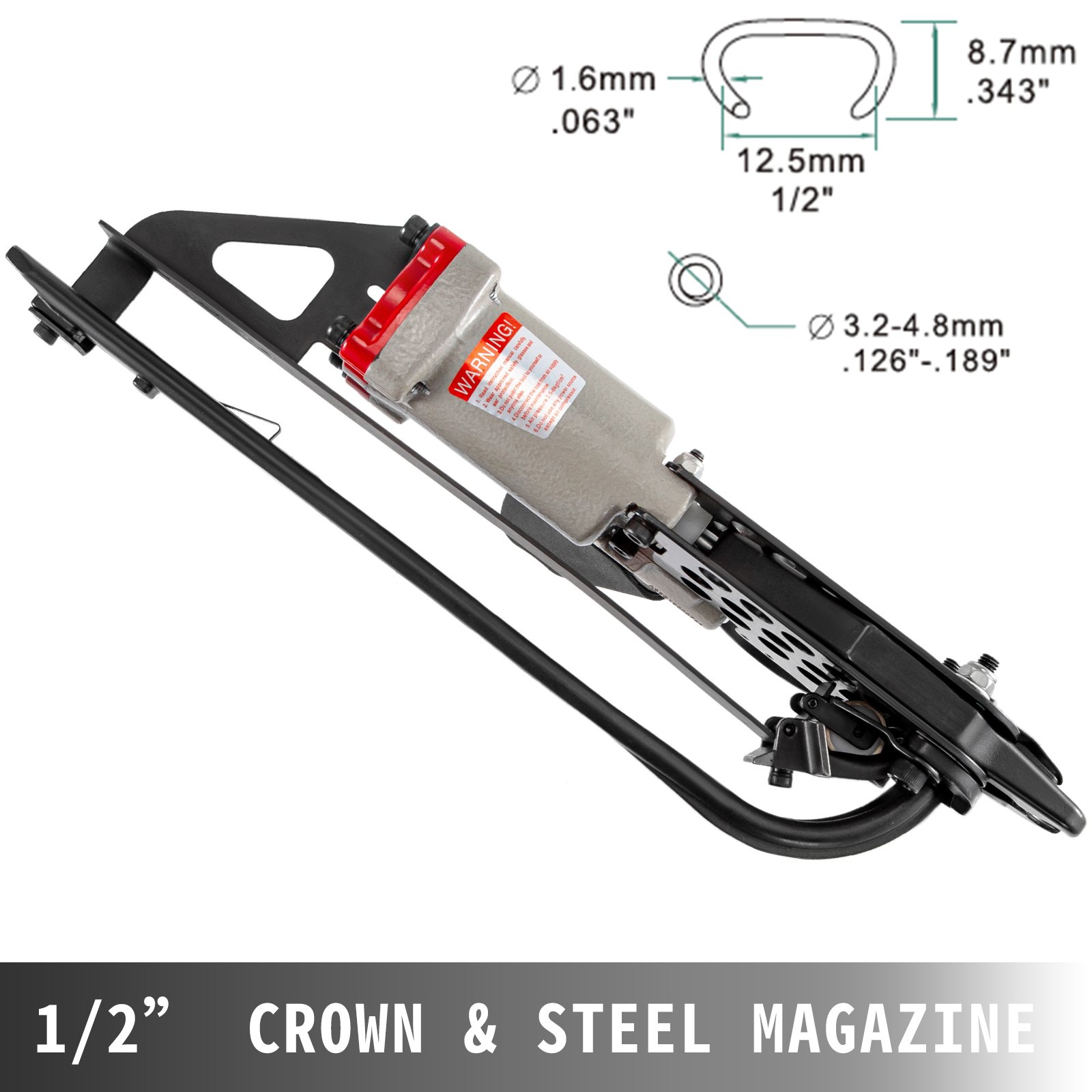 Grapadora de anilla VEVOR con corona de 1/2&quot; y cargador de acero, dimensiones detalladas mostradas.
