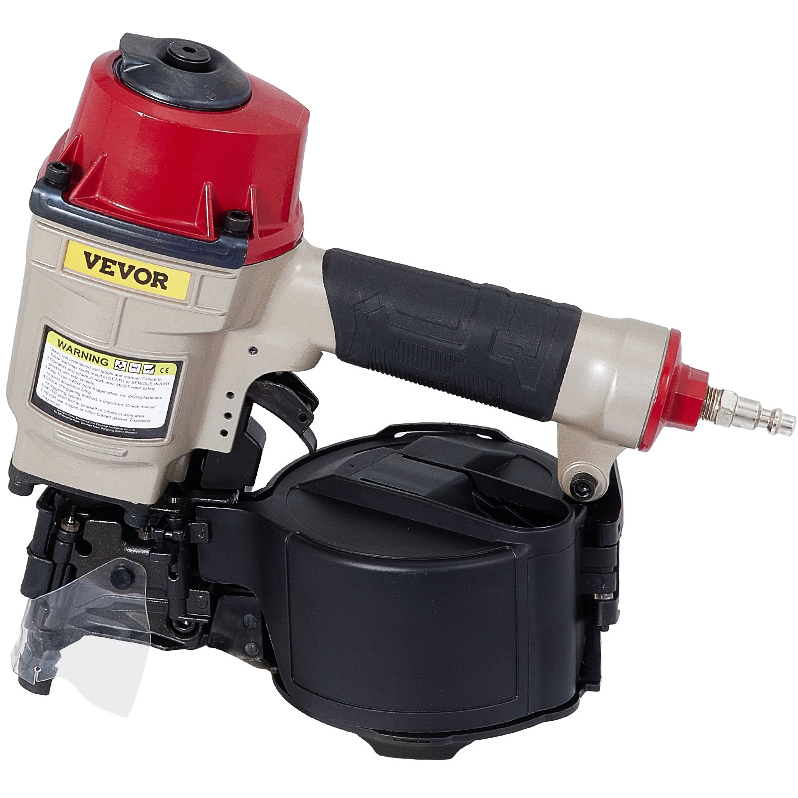 Clavadora de bobinas VEVOR con detalles en rojo y negro, mango ergonómico y etiqueta de advertencia.