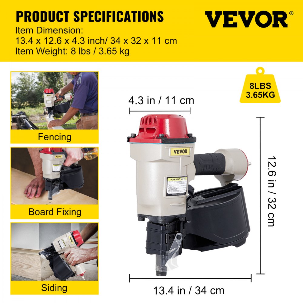 Clavadora de revestimiento en bobina VEVOR cn70 que muestra dimensiones y usos para cercas, fijación de tablas y revestimientos.