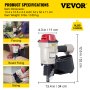 Clavadora de revestimiento en bobina VEVOR cn70 que muestra dimensiones y usos para cercas, fijación de tablas y revestimientos.