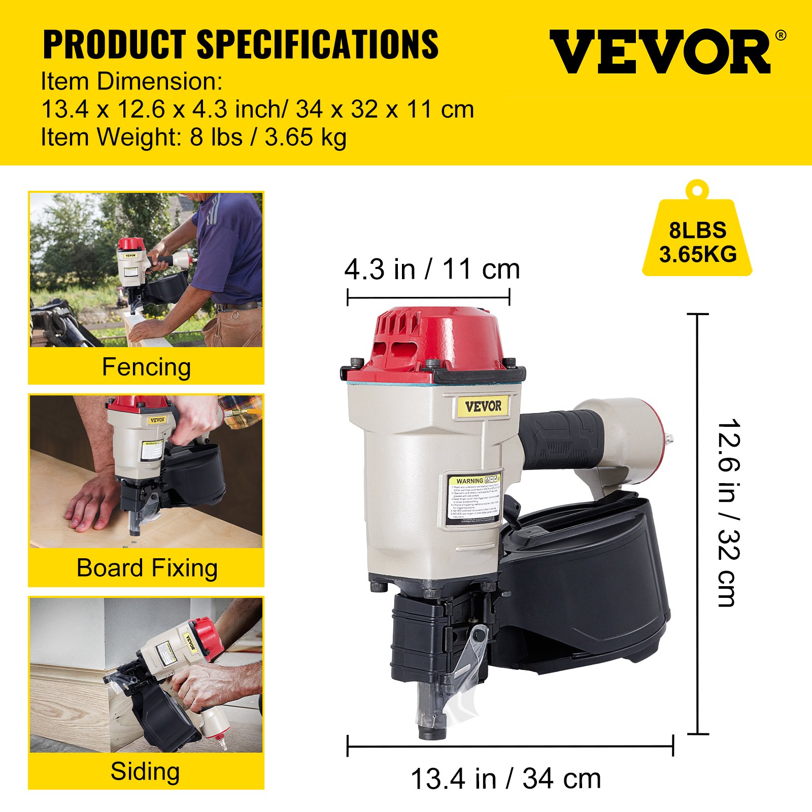 Clavadora de revestimiento en bobina VEVOR cn70 que muestra dimensiones y usos para cercas, fijación de tablas y revestimientos.