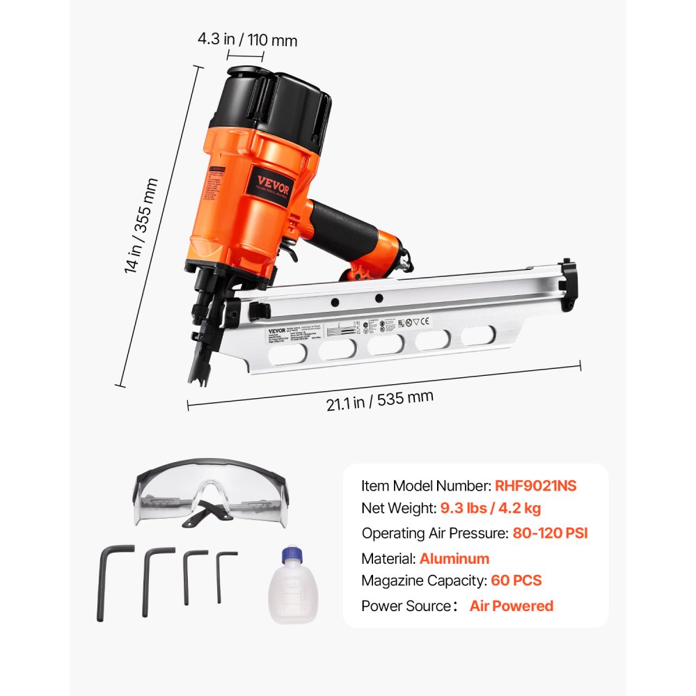Clavadora neumática para estructuras VEVOR, de 2" a 3-1/2", cabeza redonda completa de 21 grados, con modos de gatillo duales y ajuste de profundidad sin herramientas, 80-120 PSI. Pistola de clavos neumática profesional para estructuras, pisos y cubiertas.