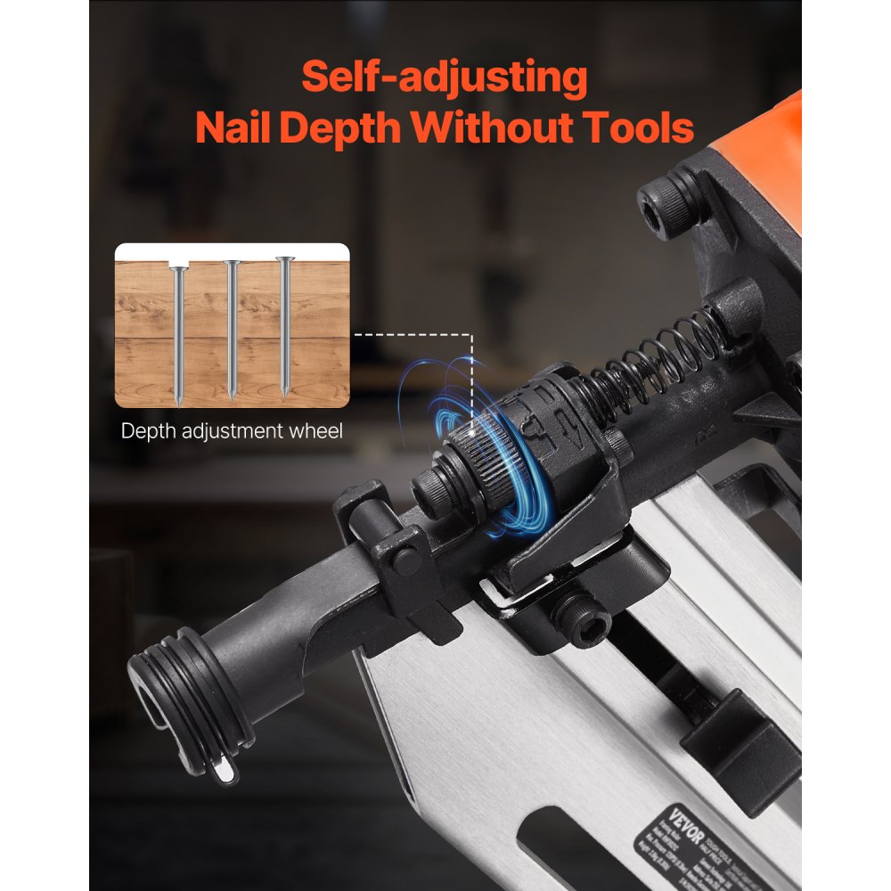 Clavadora neumática VEVOR para estructuras, de 80 a 120 PSI, de 2" a 3-1/2", con cabeza redonda completa de 21 grados, ajuste de profundidad sin herramientas y modos de gatillo duales, ideal para estructuras, cubiertas y pisos.