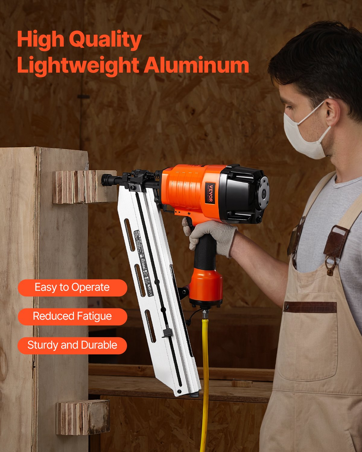 Clavadora neumática VEVOR para estructuras, de 80 a 120 PSI, de 2" a 3-1/2", con cabeza redonda completa de 21 grados, ajuste de profundidad sin herramientas y modos de gatillo duales, ideal para estructuras, cubiertas y pisos.