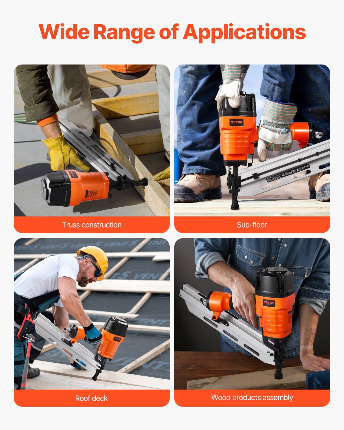 Clavadora neumática VEVOR para estructuras, de 80 a 120 PSI, de 2" a 3-1/2", con cabeza redonda completa de 21 grados, ajuste de profundidad sin herramientas y modos de gatillo duales, ideal para estructuras, cubiertas y pisos.