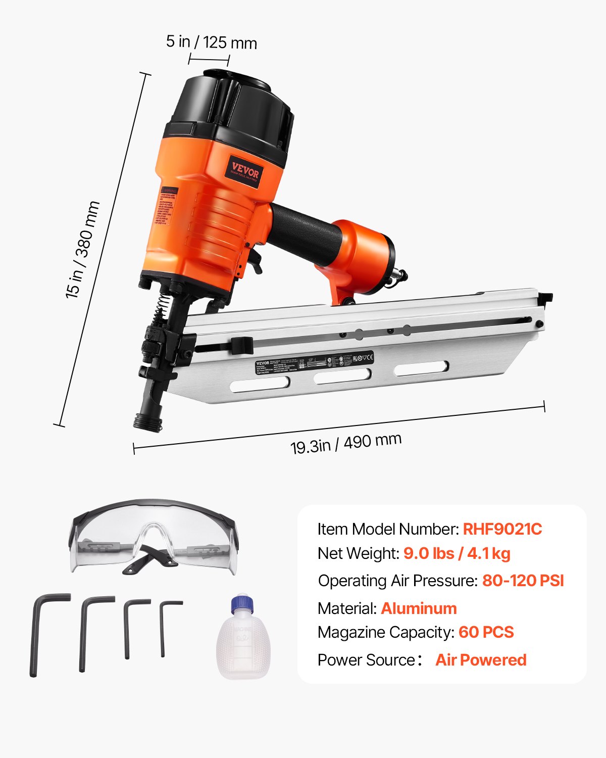 Clavadora neumática VEVOR para estructuras, de 80 a 120 PSI, de 2" a 3-1/2", con cabeza redonda completa de 21 grados, ajuste de profundidad sin herramientas y modos de gatillo duales, ideal para estructuras, cubiertas y pisos.