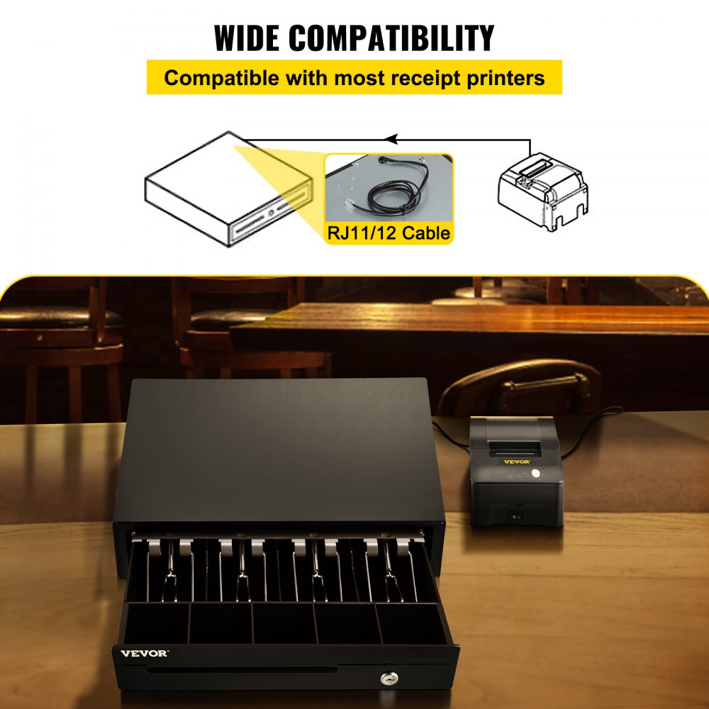 VEVOR Cajón de caja registradora de 13" y 12 V para sistema POS con bandeja para 4 billetes y 5 monedas, compartimento extraíble para monedas y 2 llaves incluidas, cable RJ11/RJ12 para supermercado, bar, cafetería y restaurante.