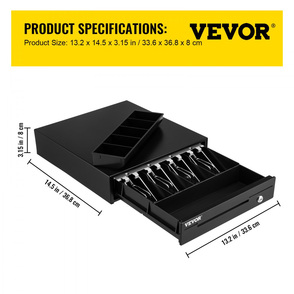 VEVOR Cajón de caja registradora de 13" y 12 V para sistema POS con bandeja para 4 billetes y 5 monedas, compartimento extraíble para monedas y 2 llaves incluidas, cable RJ11/RJ12 para supermercado, bar, cafetería y restaurante.