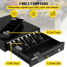 Cajón de caja registradora VEVOR, 13" 12 V, para sistema POS con bandeja para efectivo de 4 billetes y 5 monedas, compartimento extraíble para monedas y 2 llaves incluidas, cable RJ11/RJ12 para supermercado, bar, cafetería, restaurante