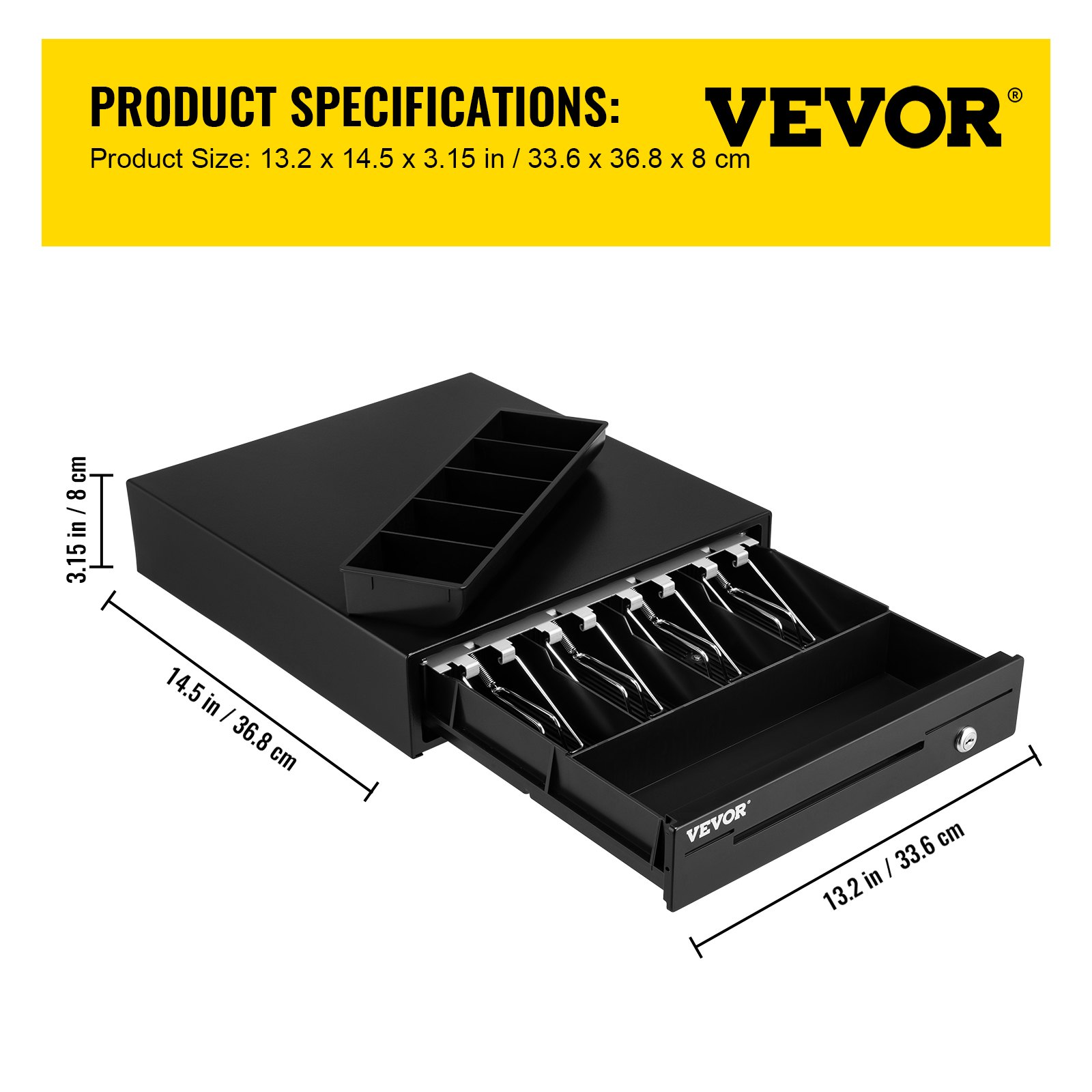VEVOR Cajón de caja registradora de 13" y 12 V para sistema POS con bandeja para 4 billetes y 5 monedas, compartimento extraíble para monedas y 2 llaves incluidas, cable RJ11/RJ12 para supermercado, bar, cafetería y restaurante.