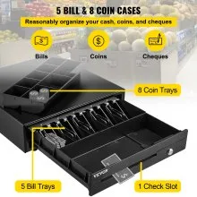 Cajón de caja registradora VEVOR, 16" 12 V, para sistema POS con bandeja para efectivo de 5 billetes y 8 monedas, compartimento extraíble para monedas y 2 llaves incluidas, cable RJ11/RJ12 para supermercado, bar, cafetería, restaurante