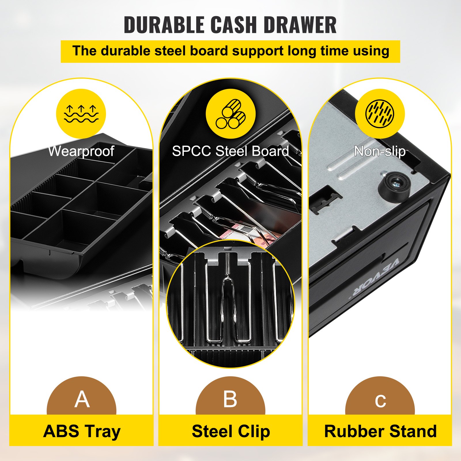 Cajón para caja registradora VEVOR de 16" y 12 V para sistema POS con bandeja para 5 billetes y 8 monedas, compartimento móvil para monedas y 2 llaves incluidas, cable RJ11/RJ12 para supermercados, bares, cafeterías y restaurantes (solo USD)