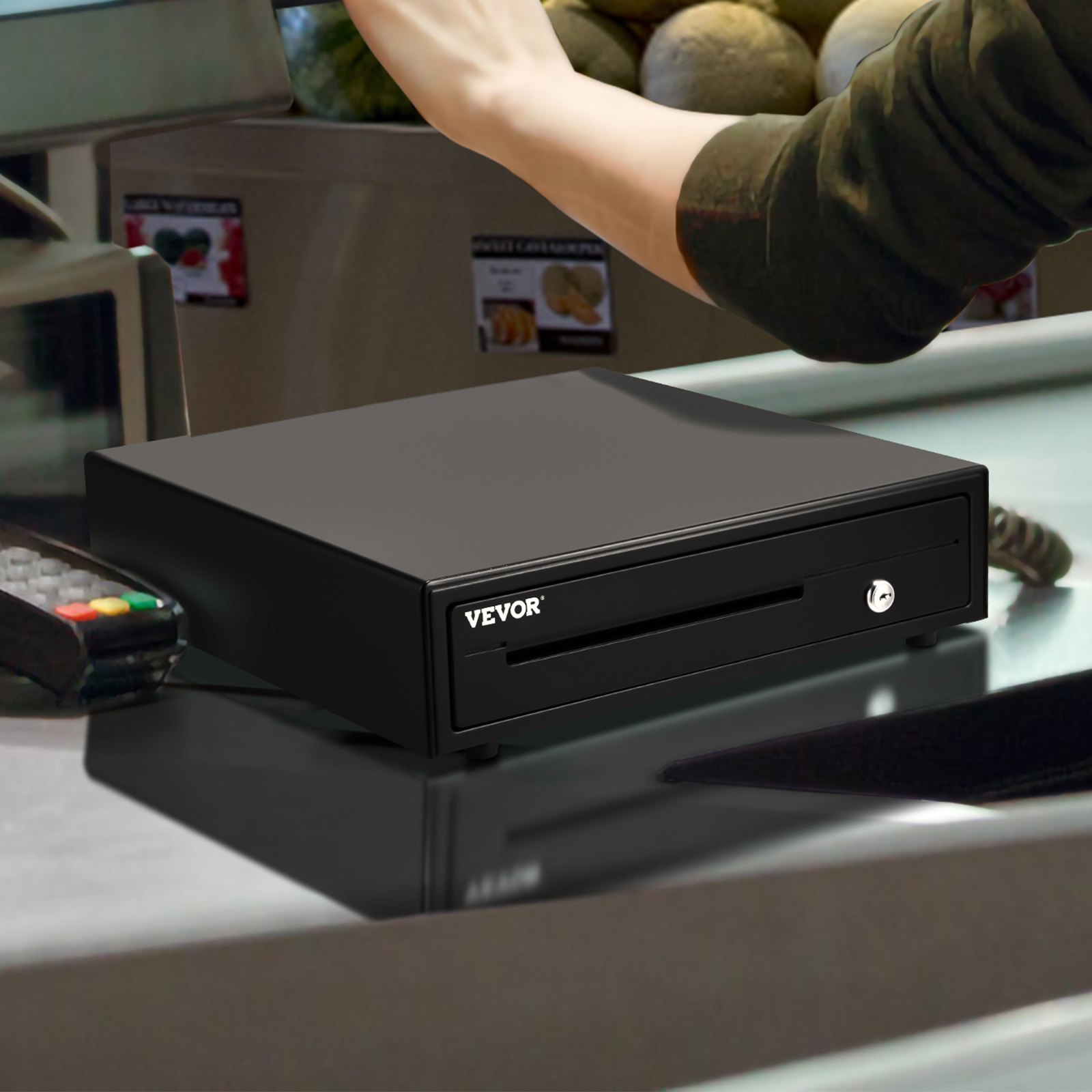 Cajón para caja registradora VEVOR de 16" y 12 V para sistema POS con bandeja para 5 billetes y 8 monedas, compartimento móvil para monedas y 2 llaves incluidas, cable RJ11/RJ12 para supermercados, bares, cafeterías y restaurantes (solo USD)
