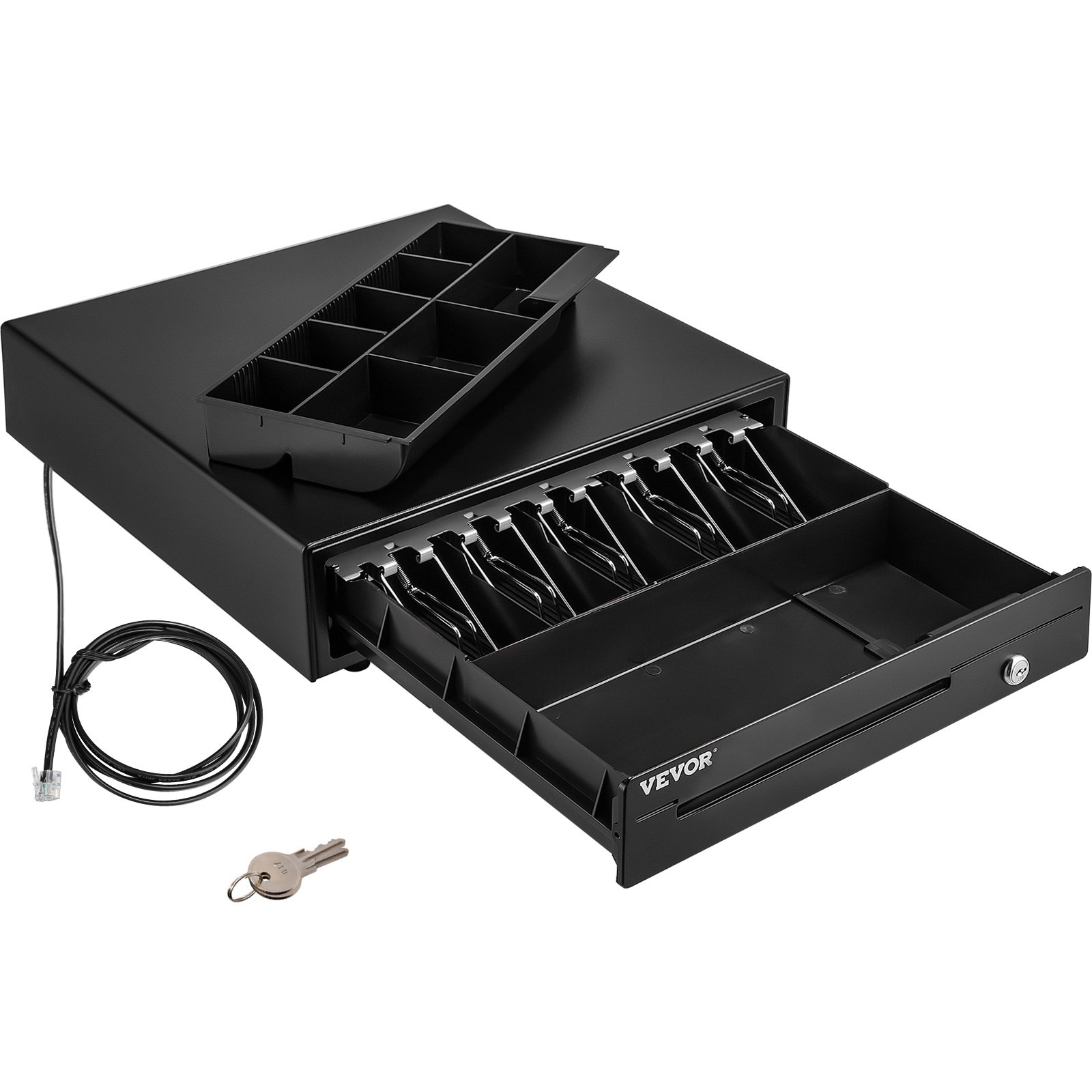 Cajón para caja registradora VEVOR de 16" y 12 V para sistema POS con bandeja para 5 billetes y 8 monedas, compartimento móvil para monedas y 2 llaves incluidas, cable RJ11/RJ12 para supermercados, bares, cafeterías y restaurantes (solo USD)