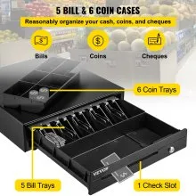 Cajón de caja registradora VEVOR, 16" 12 V, para sistema POS con bandeja para 5 billetes y 6 monedas, compartimento extraíble para monedas y 2 llaves incluidas, cable RJ11/RJ12 para supermercado, bar, cafetería, restaurante