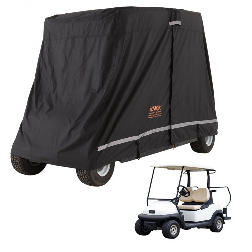Funda VEVOR para carrito de golf de 2+2 pasajeros, de poliéster 600D, ideal para carritos de golf de 2+2 pasajeros, impermeable, resistente al sol y al polvo, con tres puertas con cremallera, color negro.