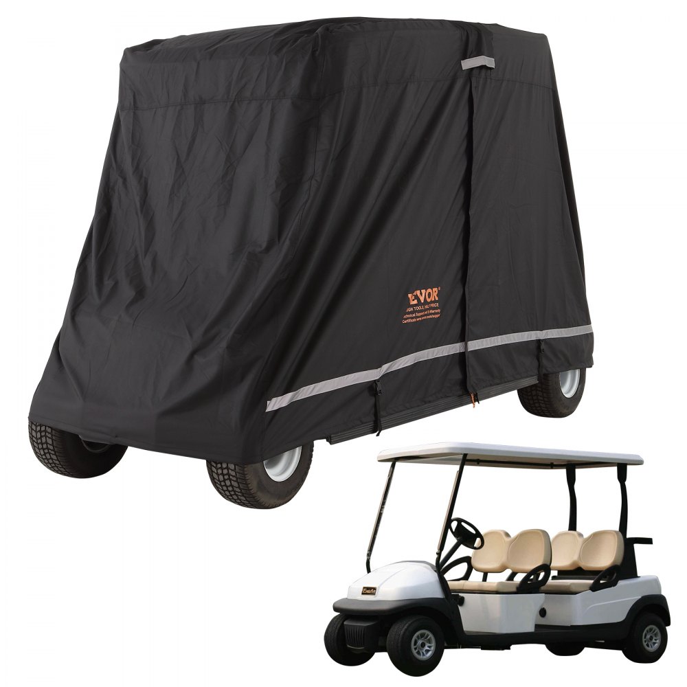 Funda para carrito de golf VEVOR en color negro, que cubre completamente un carrito de golf, con un carrito de golf blanco descubierto al lado.