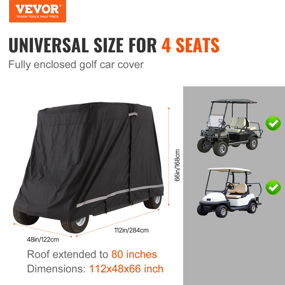 Funda VEVOR para carrito de golf de 2+2 pasajeros, de poliéster 600D, ideal para carritos de golf de 2+2 pasajeros, impermeable, resistente al sol y al polvo, con tres puertas con cremallera, color negro.