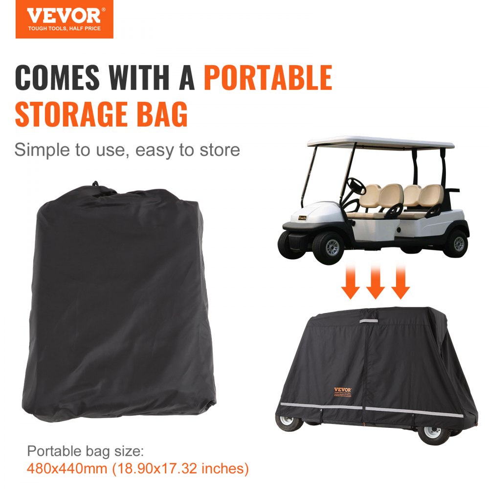 Funda VEVOR para carrito de golf de 2+2 pasajeros, de poliéster 600D, ideal para carritos de golf de 2+2 pasajeros, impermeable, resistente al sol y al polvo, con tres puertas con cremallera, color negro.