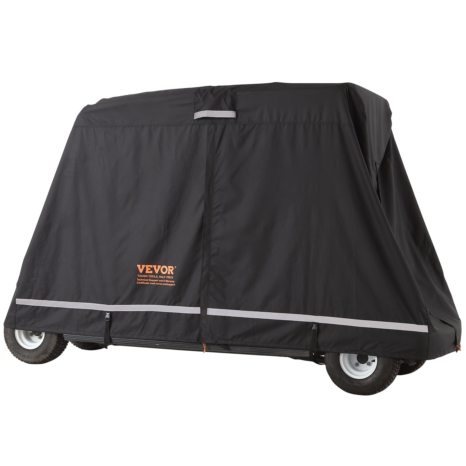 Funda para carrito de golf VEVOR negra con tiras reflectantes, que cubre de forma segura un carrito de golf.