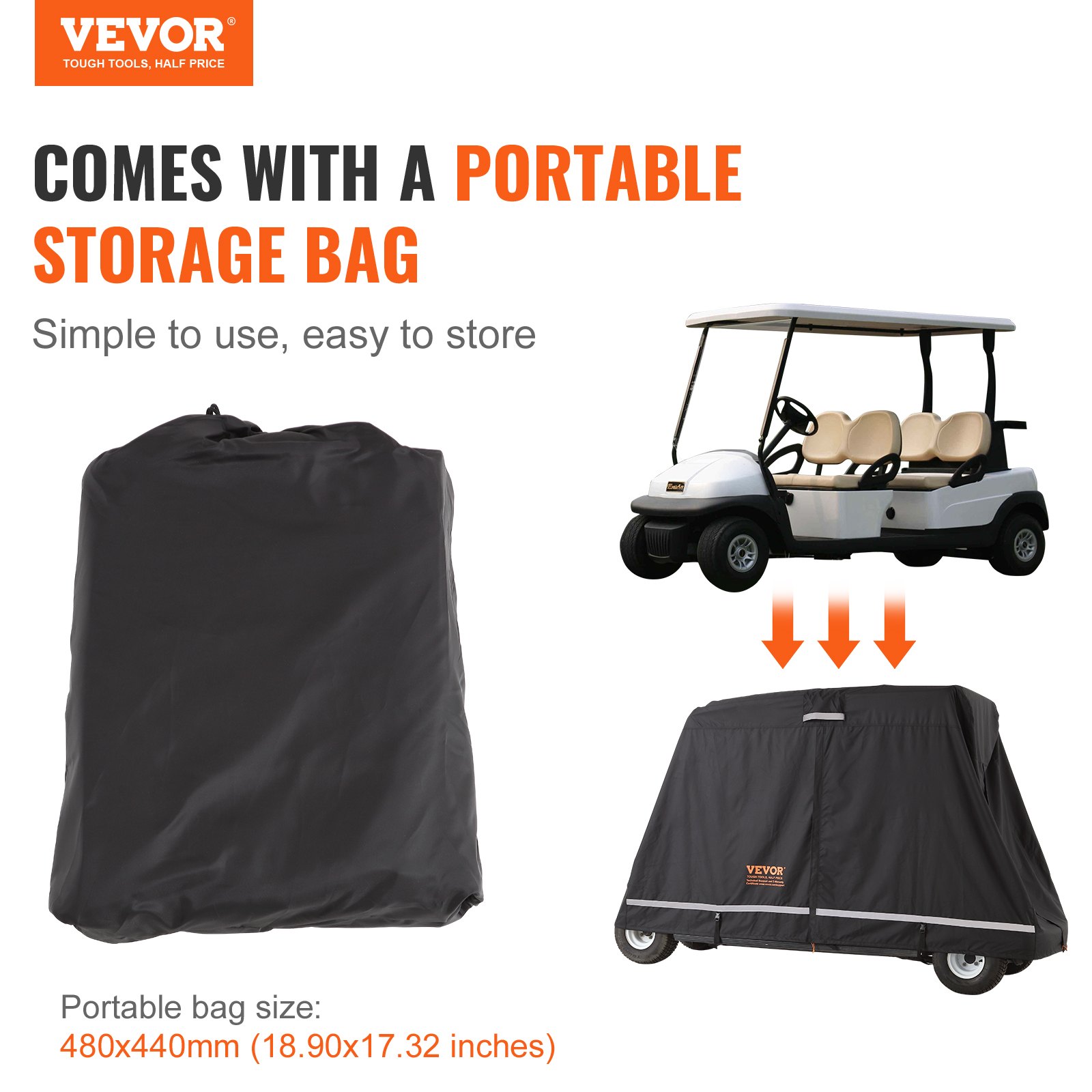 Funda VEVOR para carrito de golf de 2+2 pasajeros, de poliéster 600D, ideal para carritos de golf de 2+2 pasajeros, impermeable, resistente al sol y al polvo, con tres puertas con cremallera, color negro.