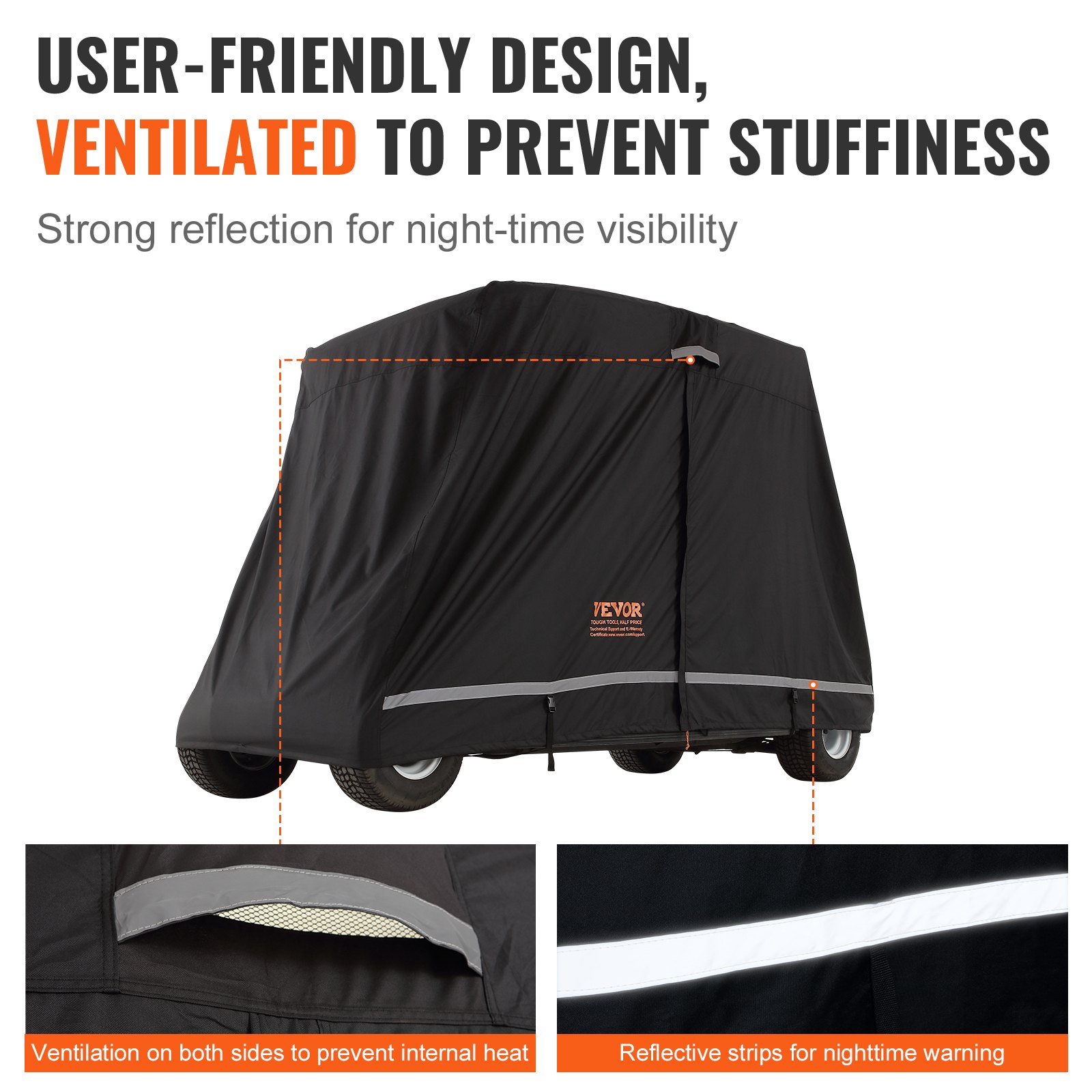 Funda VEVOR para carrito de golf de 2+2 pasajeros, de poliéster 600D, ideal para carritos de golf de 2+2 plazas, impermeable, resistente al sol y al polvo, con tres puertas con cremallera, color negro.