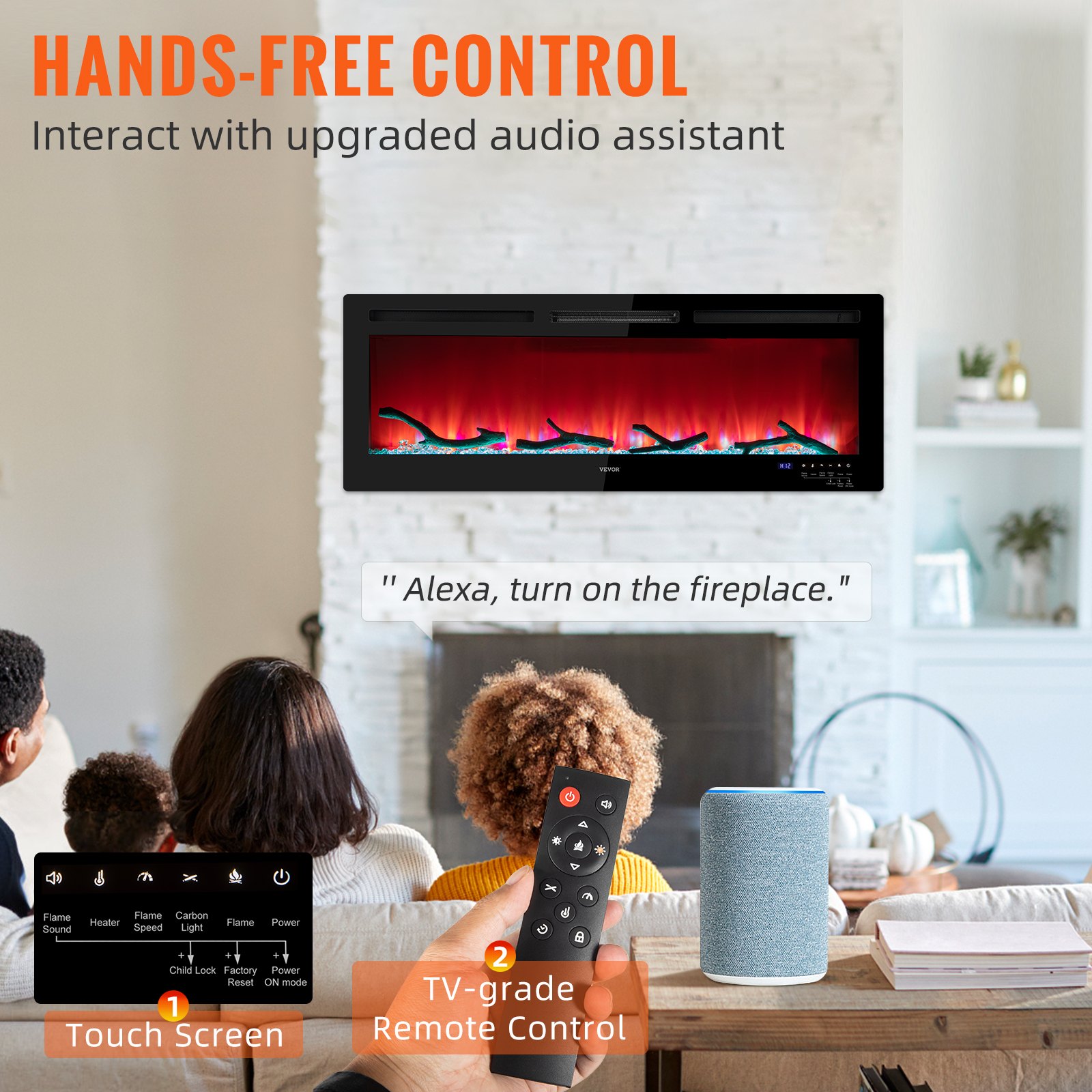 Chimenea eléctrica VEVOR de 127 cm para empotrar en la pared, apta para vigas de 5 x 10 cm y 5 x 15 cm, colores de llama y velocidad ajustables con control remoto y temporizador, compatible con Alexa, 1500 W, color negro