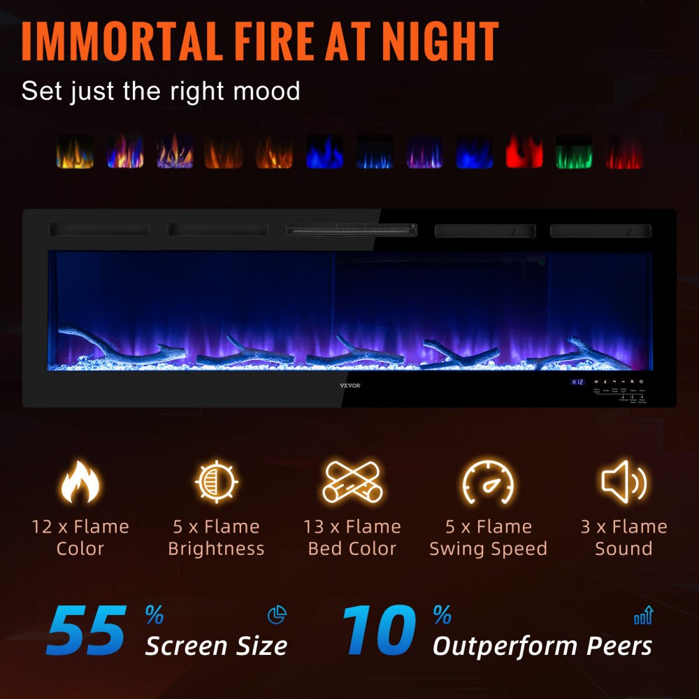 Chimenea eléctrica VEVOR Chimenea lineal 60'' Montaje en pared/Control de voz empotrado