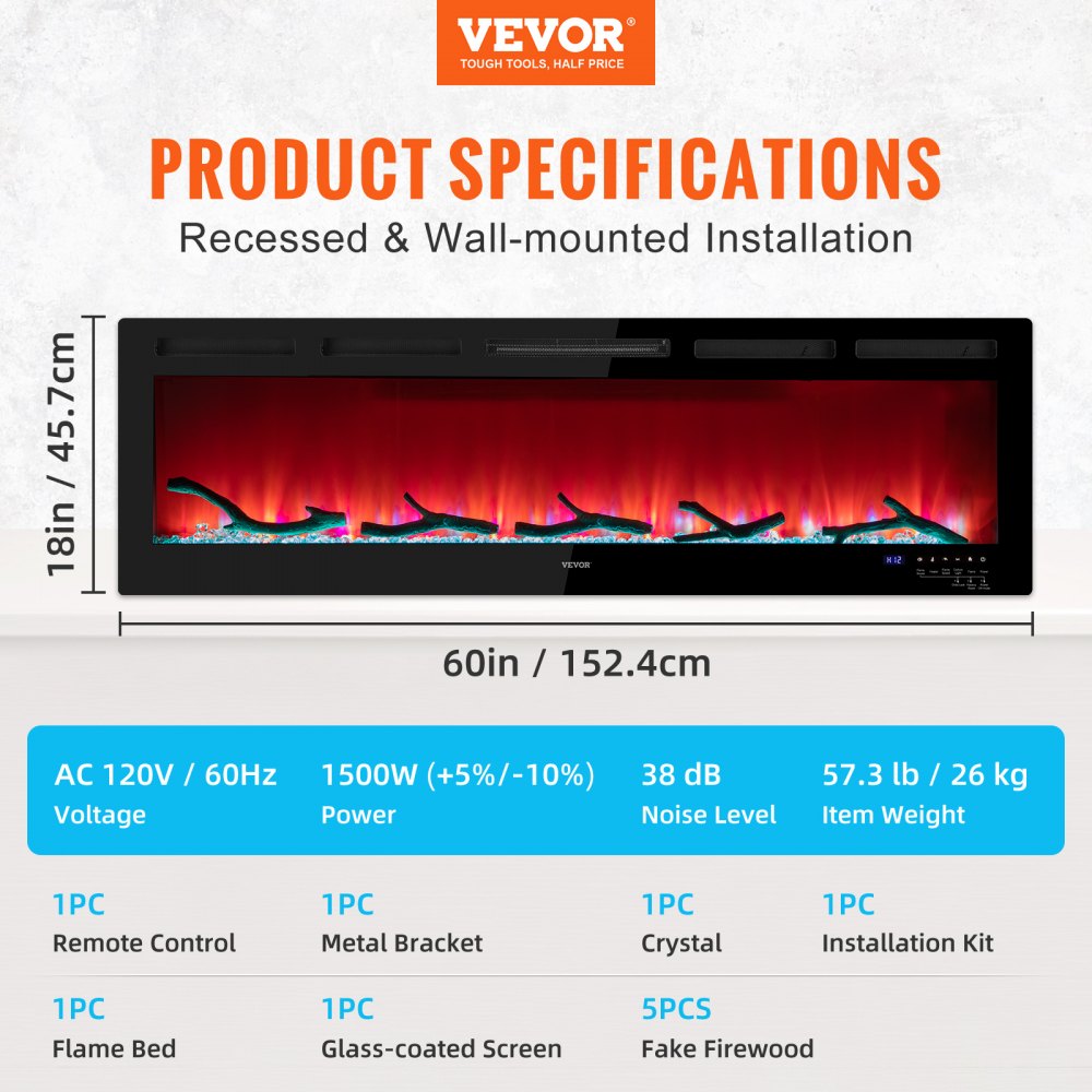 Chimenea eléctrica VEVOR Chimenea lineal 60'' Montaje en pared/Control de voz empotrado