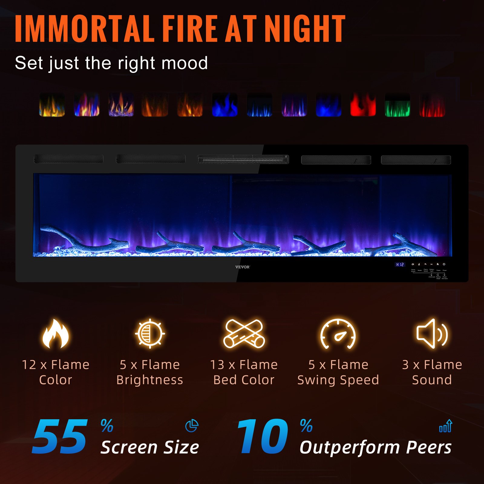 Chimenea eléctrica VEVOR Chimenea lineal 60'' Montaje en pared/Control de voz empotrado