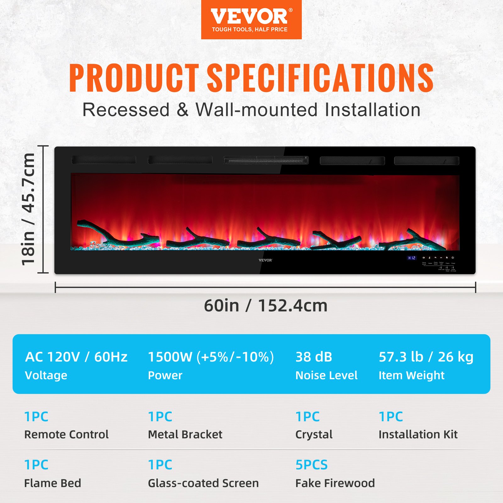 Chimenea eléctrica VEVOR Chimenea lineal 60'' Montaje en pared/Control de voz empotrado