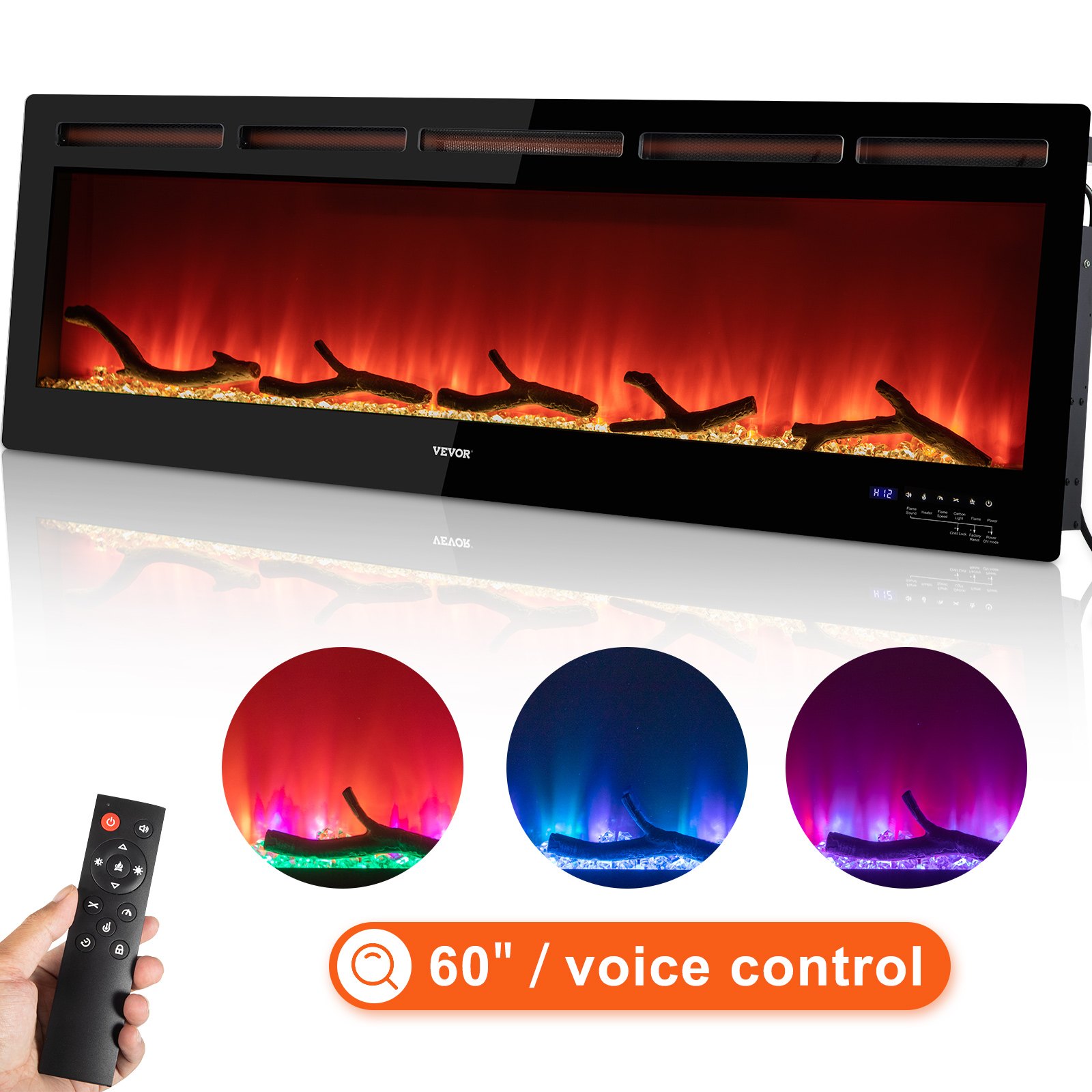 Chimenea eléctrica VEVOR Chimenea lineal 60'' Montaje en pared/Control de voz empotrado