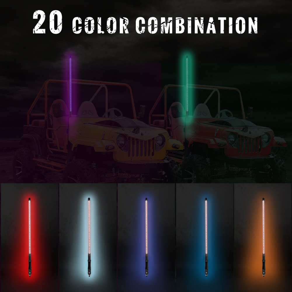 Luces LED tipo látigo VEVOR con 20 combinaciones de colores en vehículos todoterreno.