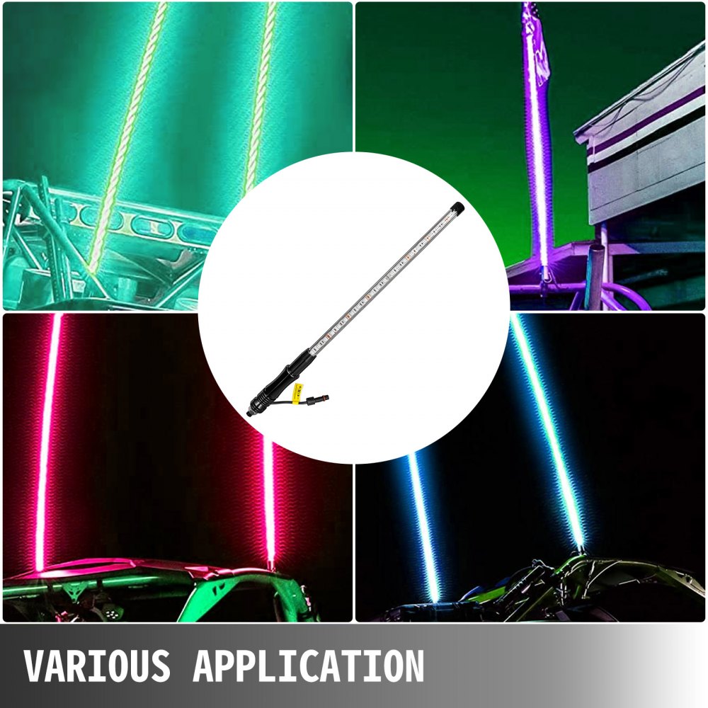 Luces LED tipo látigo VEVOR que muestran colores vibrantes en vehículos en diversas aplicaciones.