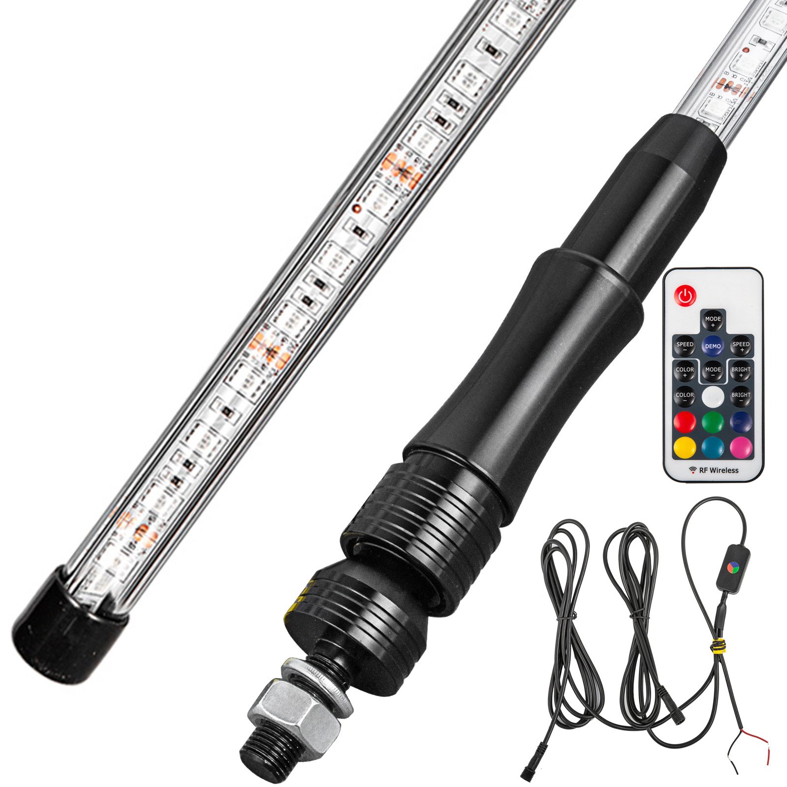 Luces LED VEVOR con control remoto, cableado y componentes de montaje.