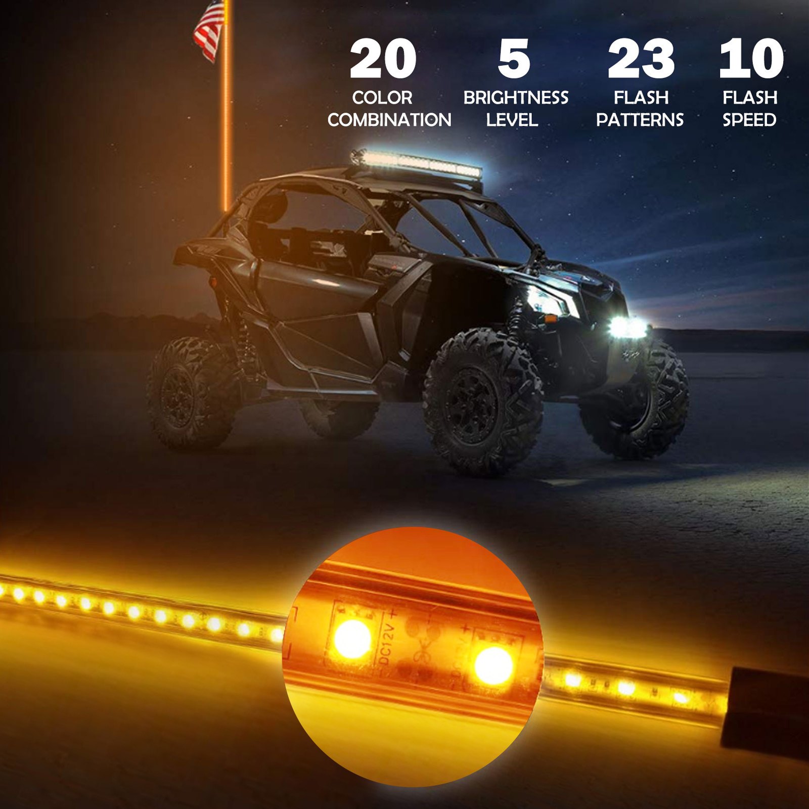 ATV iluminado por luces LED VEVOR por la noche, resaltando 20 combinaciones de colores.