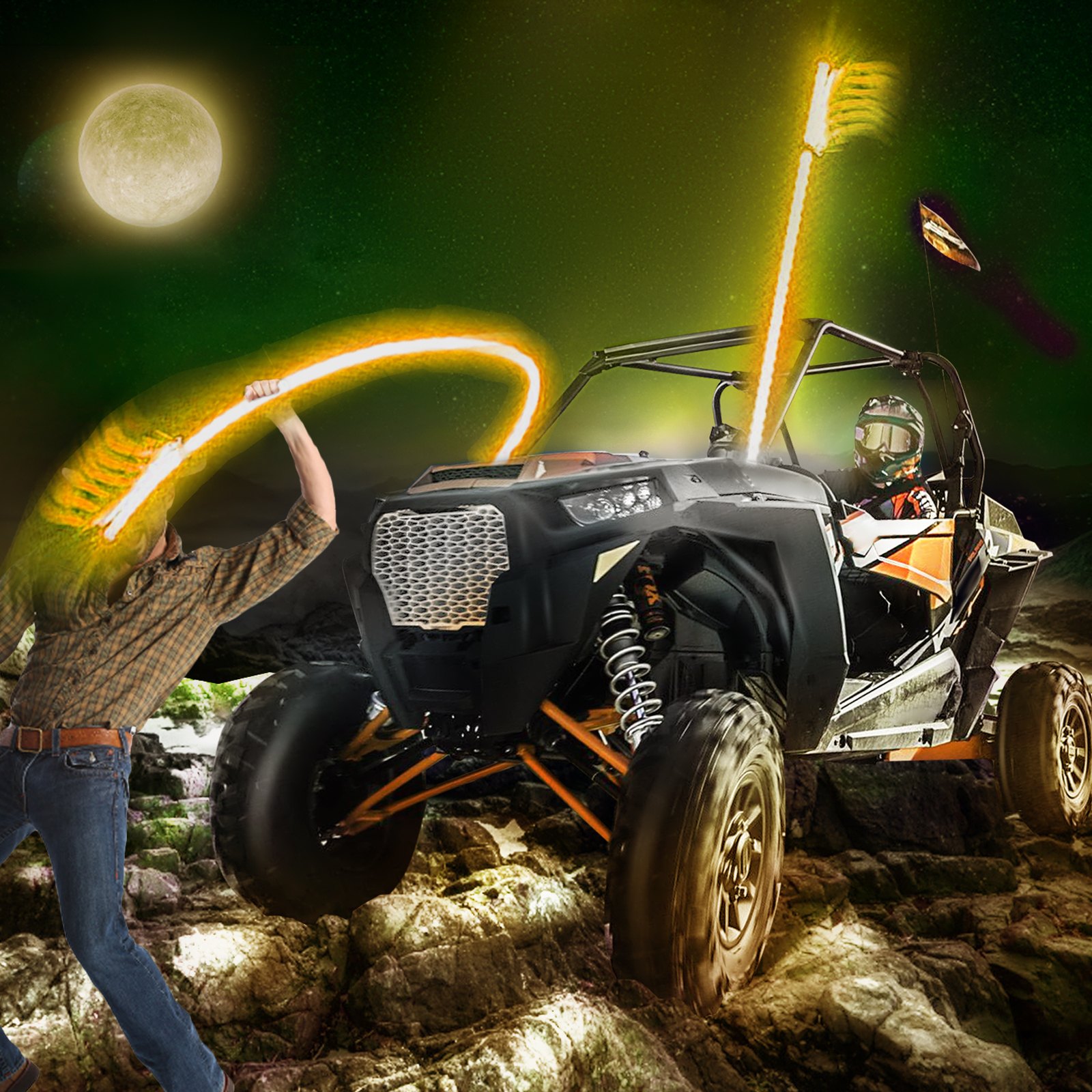 Vehículo todoterreno con luces LED VEVOR en terreno rocoso por la noche bajo la luna llena.