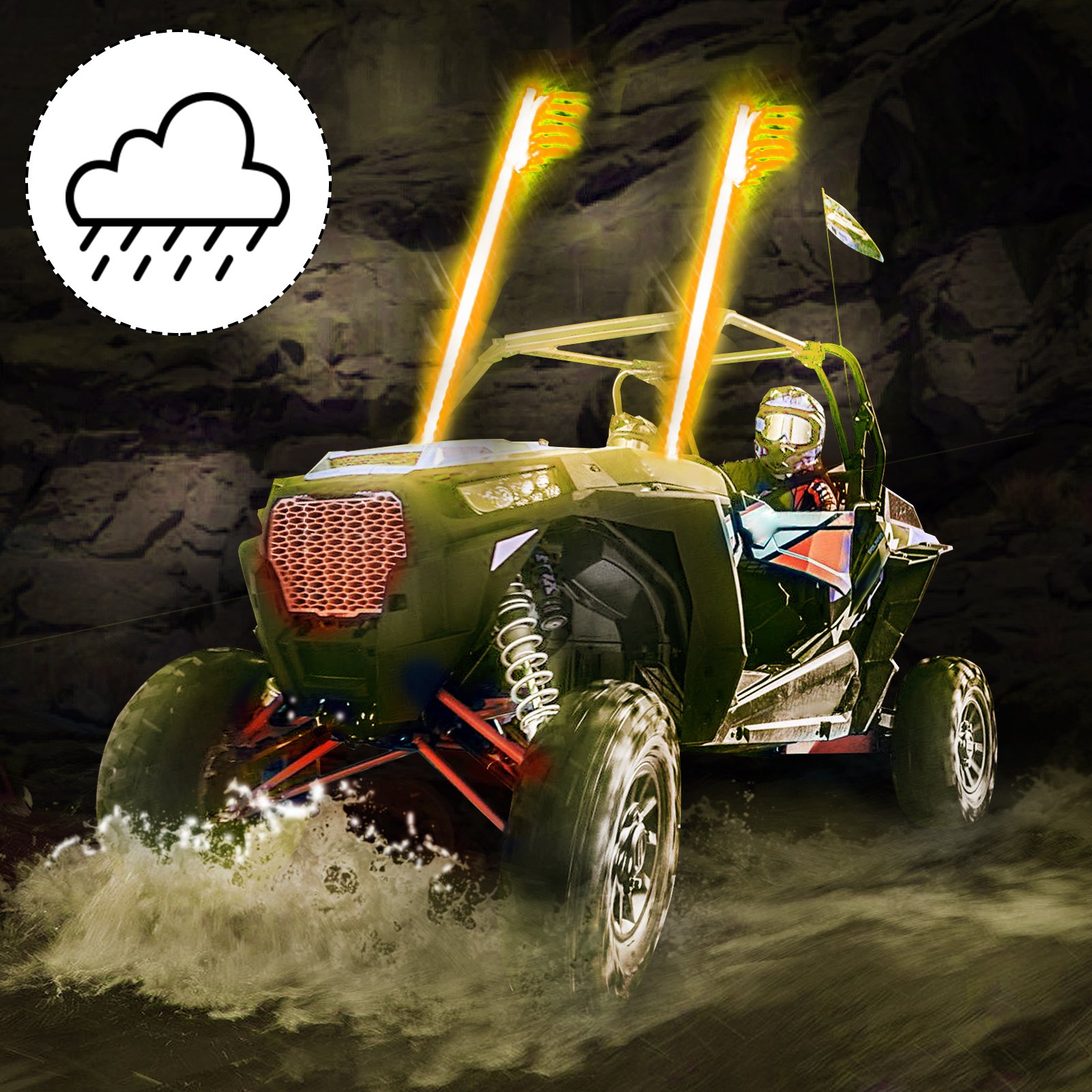 ATV todoterreno con luces LED VEVOR chapoteando en el agua bajo la lluvia, fondo rocoso oscuro.
