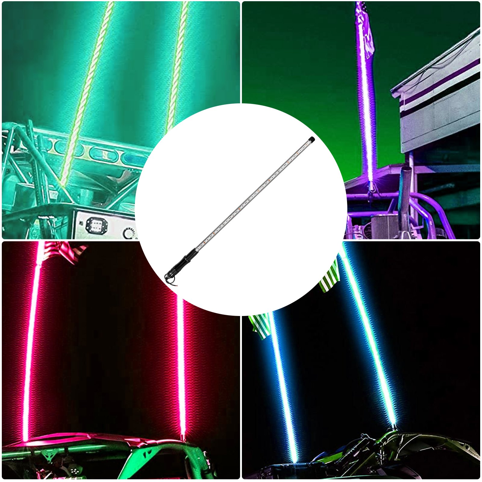 Luces LED VEVOR en color verde, morado, rosa y azul en un vehículo por la noche.