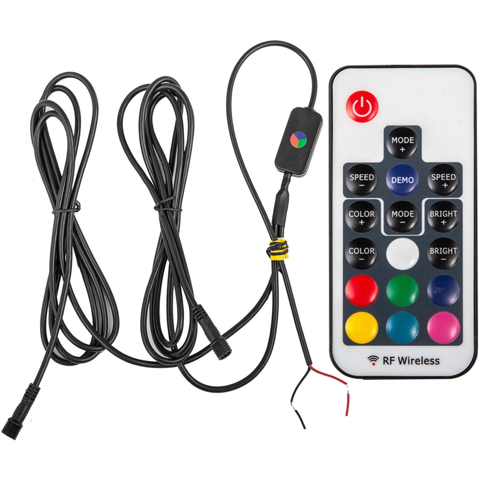 Luces LED VEVOR con control remoto, botones coloridos y cables de conexión.
